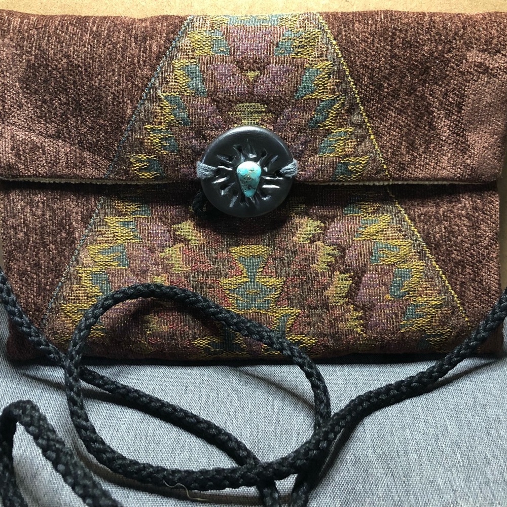Tapestry Boho Style Purse with Shoulder Strap Large Button w/Turquoise Stone